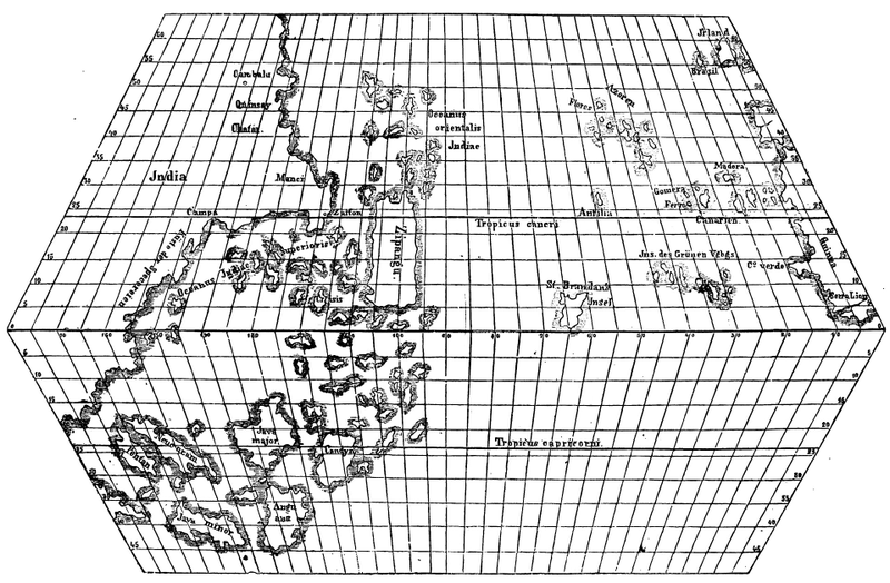 Mapa atribuido a Toscanelli, donde la isla de San Brandán aparece como una gran isla en medio del Atlántico. Wikimedia Commons